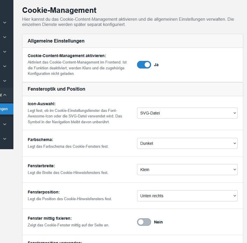 Administrationsbereich – Cookie-Management